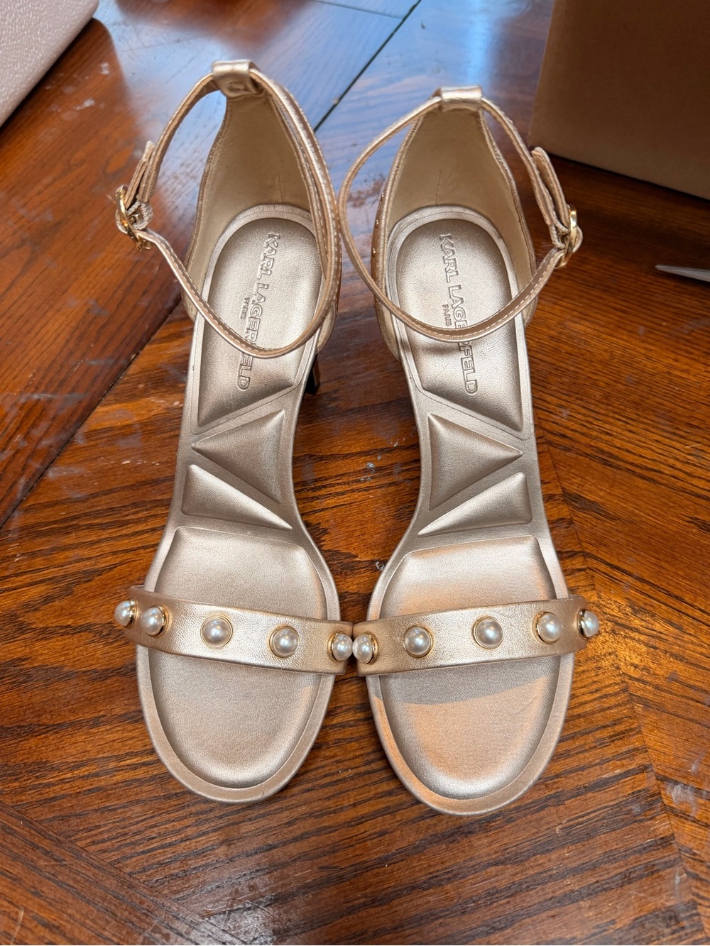 Karl Lagerfeld Gold Pearl-Embellished Ankle-Strap Sandals